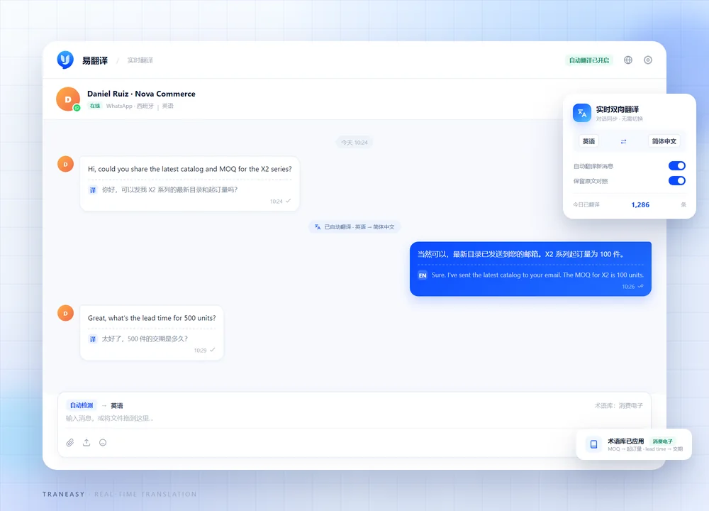 易翻译实时翻译界面示意，在 WhatsApp 聊天窗口中展示英语与简体中文双向翻译和行业术语库